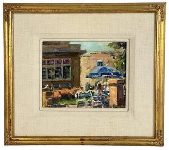 Howard Friedland Impressionist Street Painting: A vibrant oil painting on canvas by Howard Friedland titled "Old Town Outdoor Cafe." The artwork captures a quaint outdoor cafe setting, bathed in warm light, with patrons enjoying their time under a