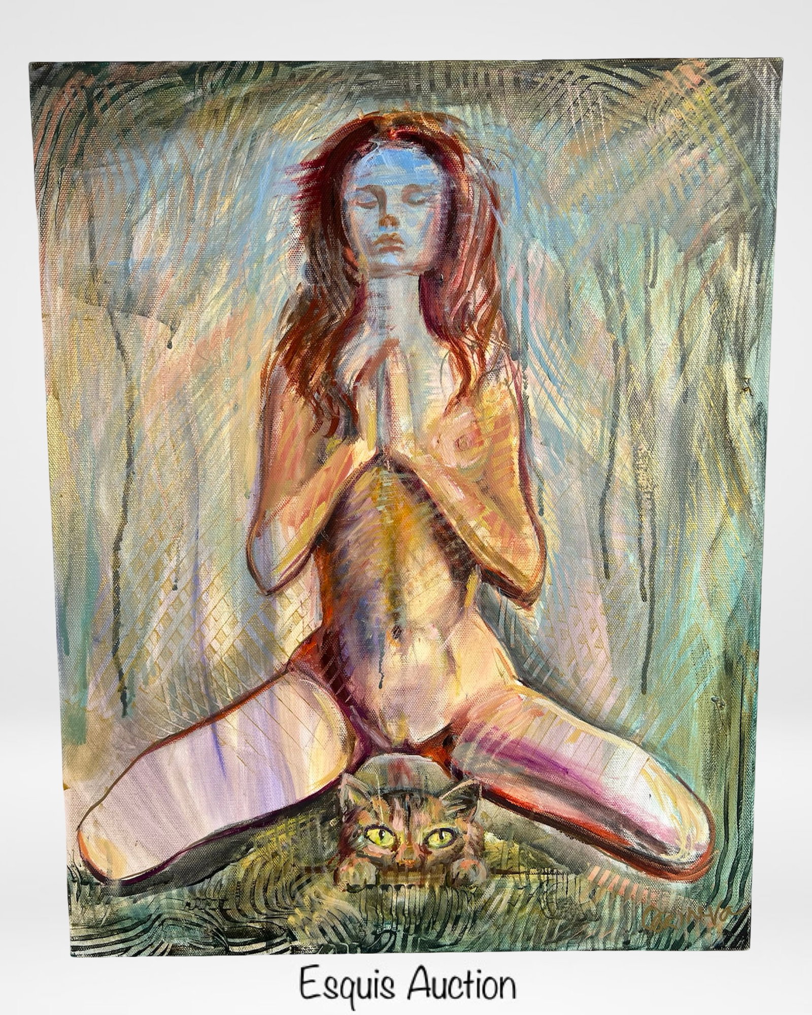 Oksana Grineva Erotic Contemporary Painting w/ Cat: Striking and evocative original oil painting on canvas by contemporary Ukrainian-American artist Oksana Grineva. The composition features a nude female figure kneeling in a meditative pose, hands pres