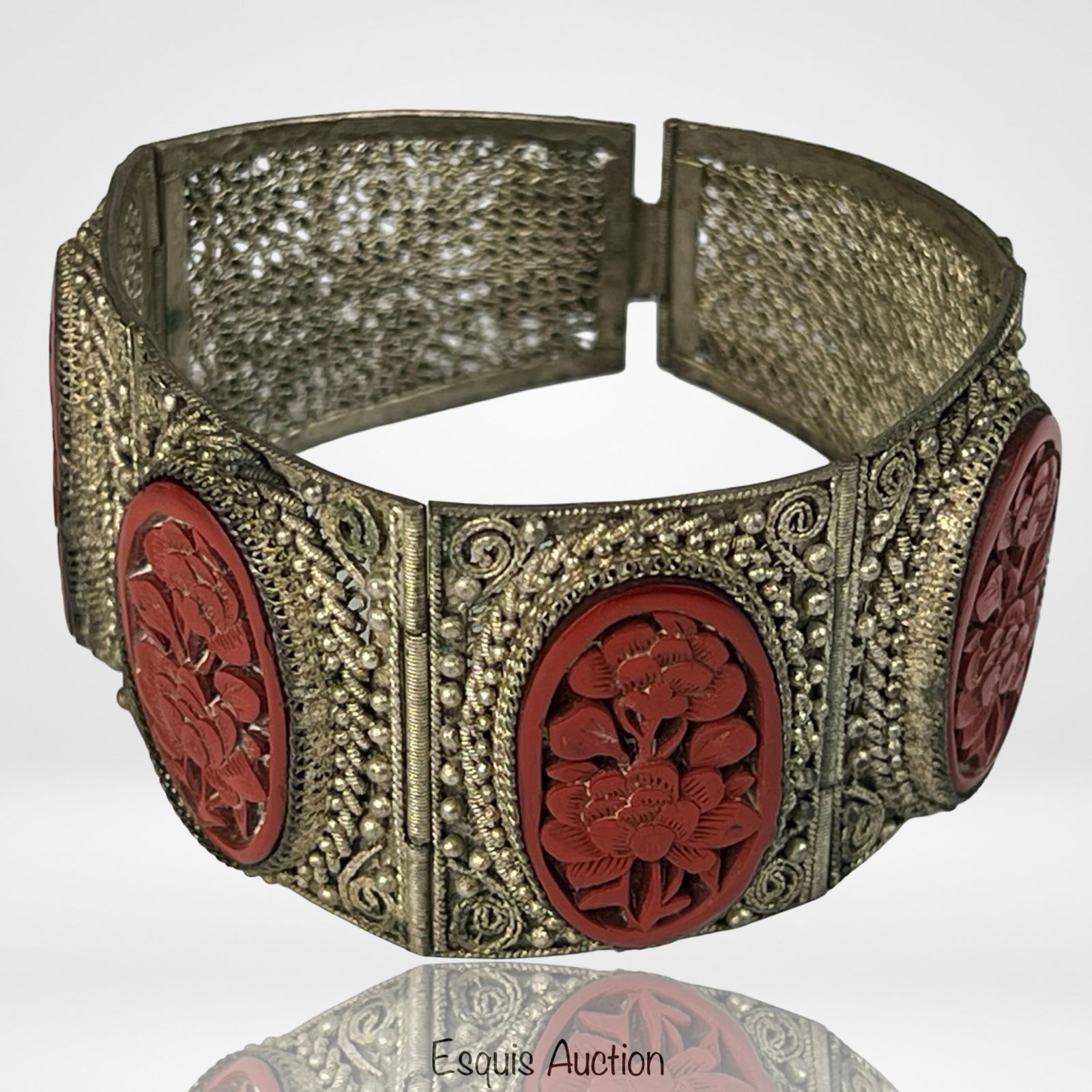 Antique Chinese Cinnabar Filigree Hinged Bracelet (1 of 5)