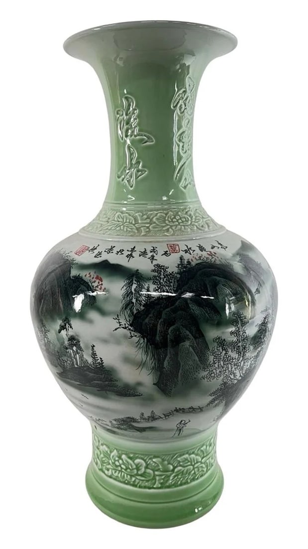 Large 25" Chinese Hand-Painted Porcelain Vase: Impressive 25" tall Chinese porcelain vase featuring a hand-painted mountain landscape scene with red foliage accents and traditional calligraphy. The bulbous body is decorated with finely detailed sc