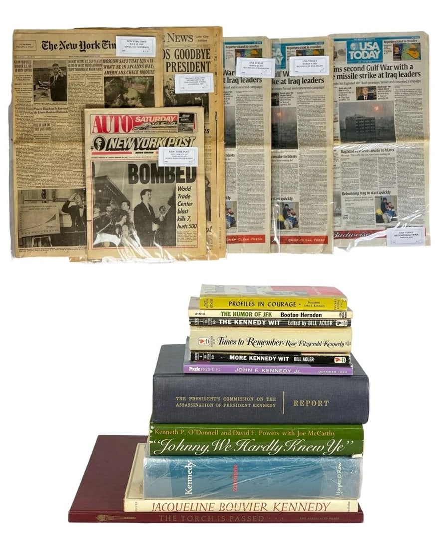 Historic Kennedy Collection and Newspaper Archive: Extensive collection featuring original newspapers and a curated group of Kennedy family books spanning major 20th-century events and figures. Newspaper selection includes vintage front pages covering