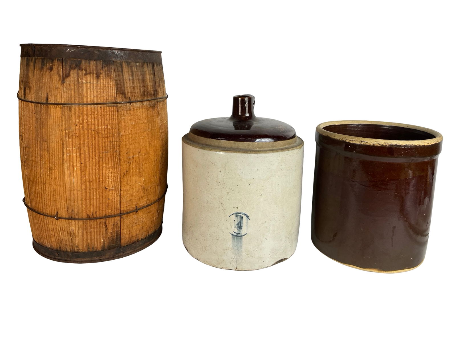 Antique Stoneware Crocks and Wood Barrel (1 of 6)