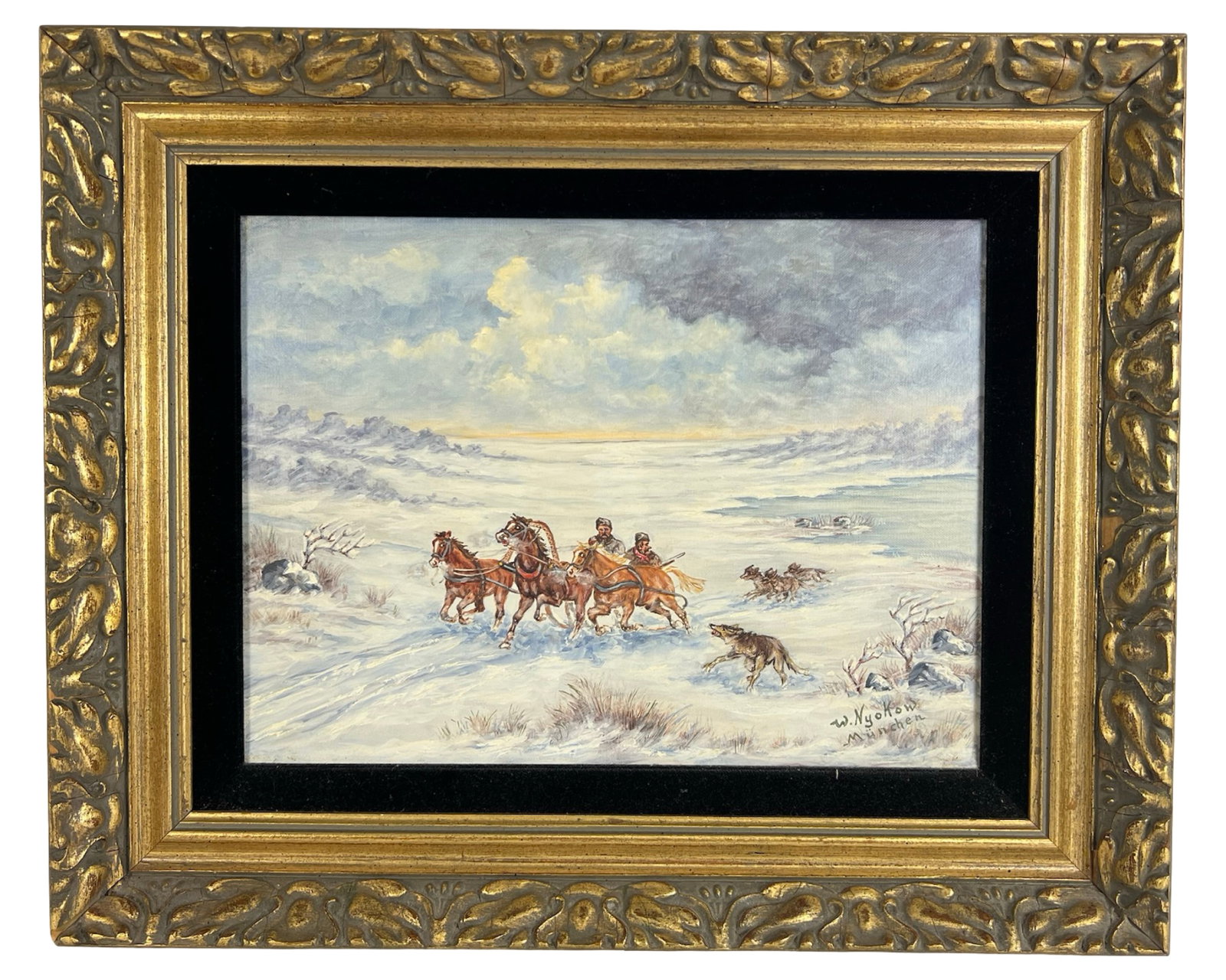 W. Nyokow - Wolf Chase, Original Oil Painting: Dramatic winter scene by Ukrainian artist W. Nyokow, capturing a Russian troika speeding through a snowy expanse as a pack of wolves gives chase. Two fur-clad riders urge a team of four horses across 