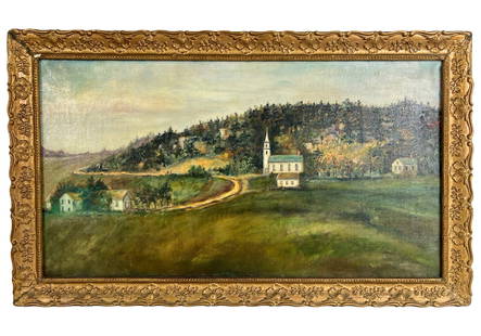 Frederick Frank Scherer- Landscape Oil Painting: Tranquil and nostalgic, this 1942 oil painting by Frederick Frank Scherer captures a peaceful countryside scene with a winding road leading to a white steepled church nestled at the edge of a wooded h