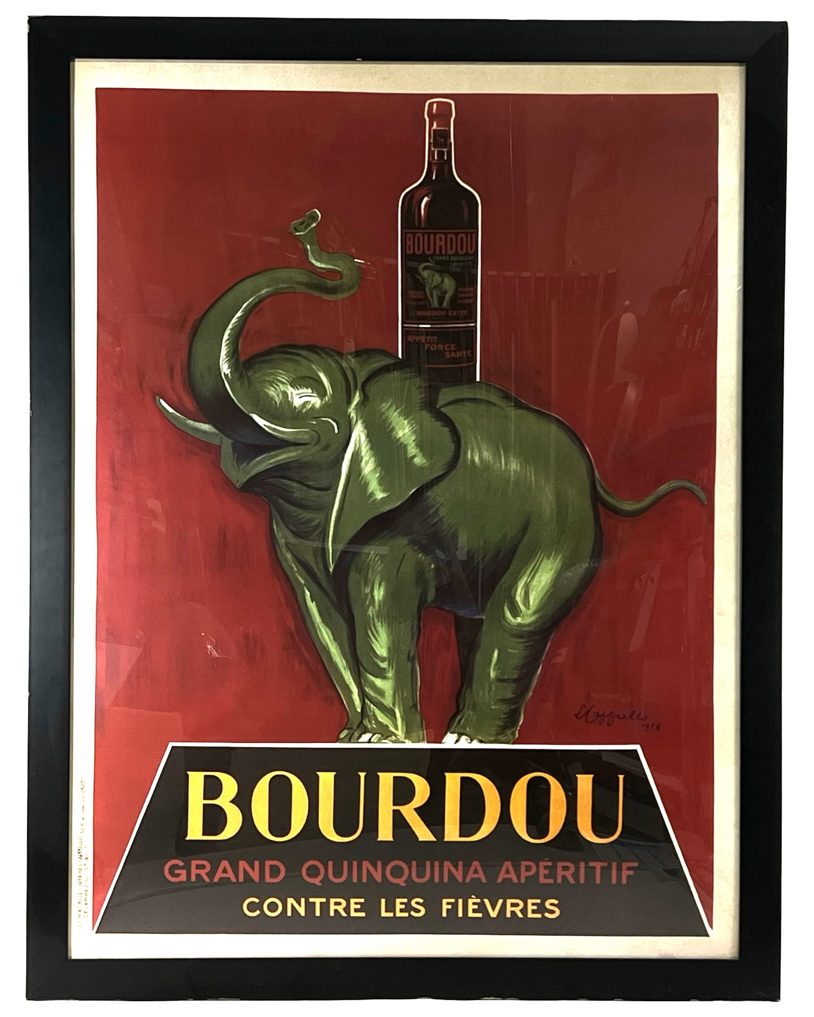 Bourdou Grand Quinquina Aperitif by Cappiello- XL: Striking and vibrant poster design by renowned artist Leonetto Cappiello, featuring a vivid green elephant balancing a bottle of Bourdou Grand Quinquina against a bold red background. This iconic imag