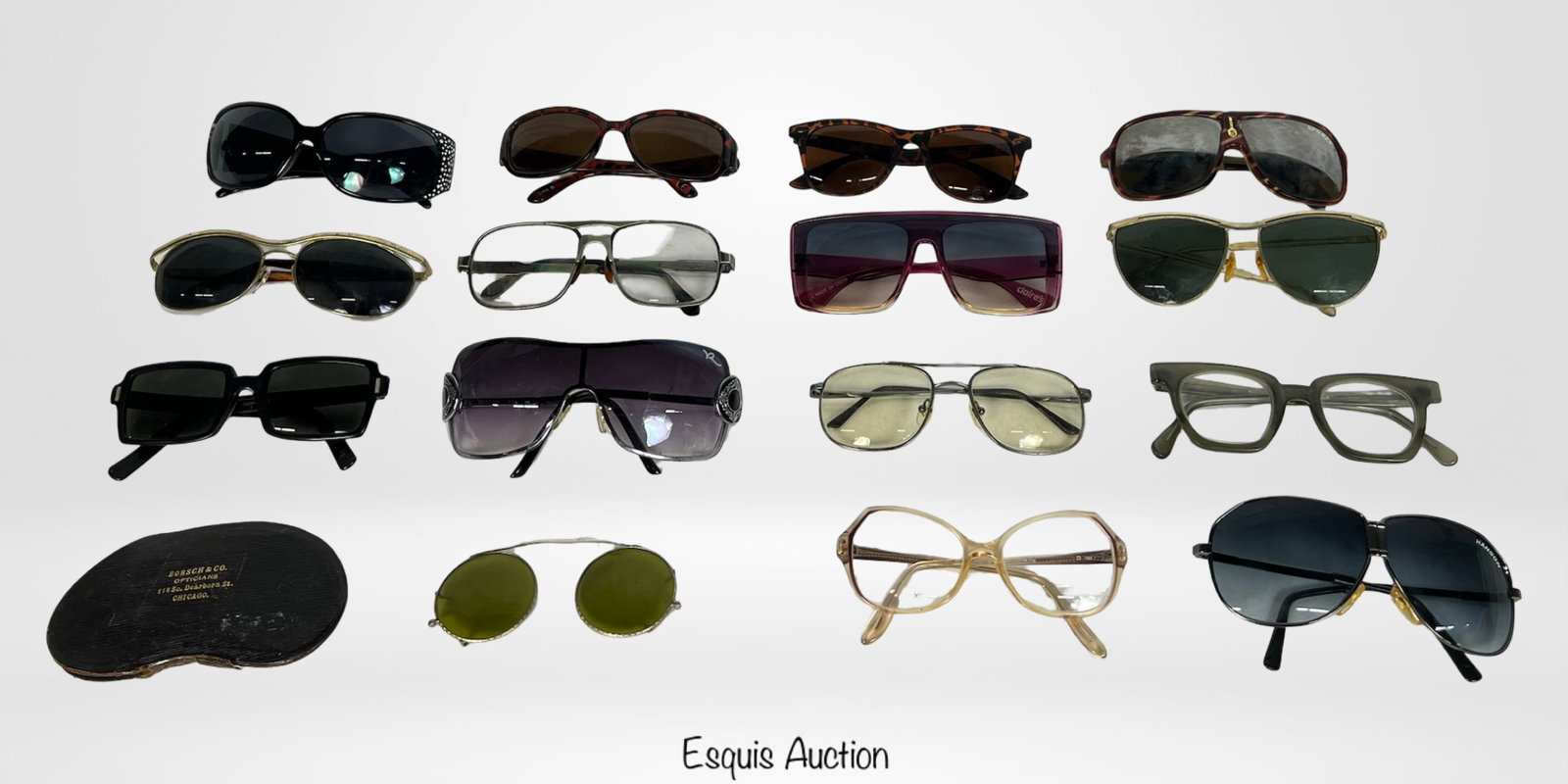 Assortment of Vintage Sunglasses & Eyeglasses: Diverse lot of vintage eyewear featuring a mix of sunglasses and optical frames in a variety of styles, shapes, and materials. Includes large statement lenses, aviator-style glasses, and oversized fra