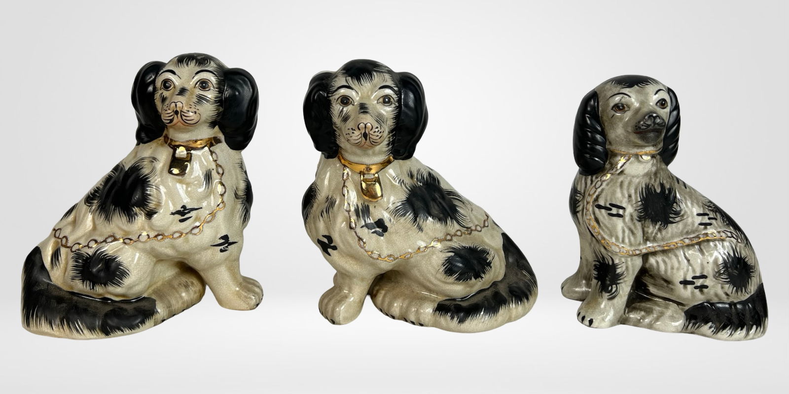 Antique Staffordshire Black & White Spaniel Dogs (1 of 5)