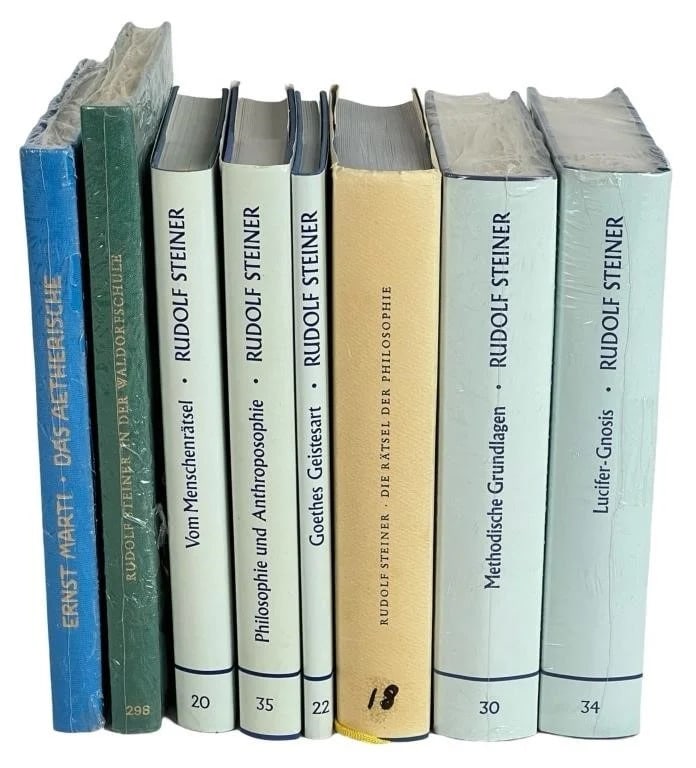 Collection of Rudolf Steiner Anthroposophy Books: This collection features a variety of Rudolf Steiner's works and related anthroposophy literature. Included are eight hardcover books, some still wrapped in plastic, showcasing Steiner's significant c