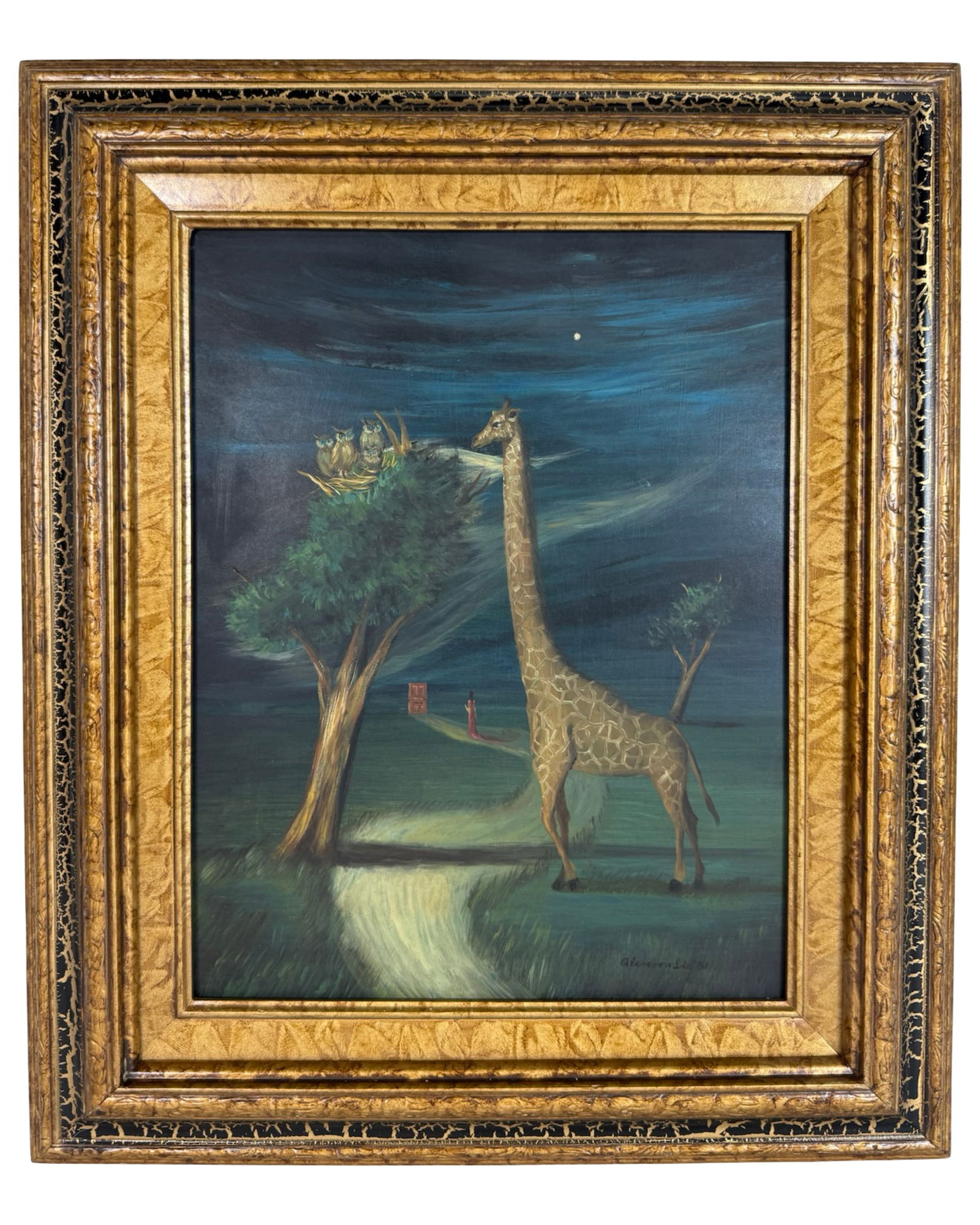Gertrude Abercrombie (Attrib)- Surrealist Painting: This imaginative and symbolically rich surrealist oil painting on Masonite is attributed to celebrated American artist Gertrude Abercrombie. The dreamlike scene depicts a towering giraffe interacting