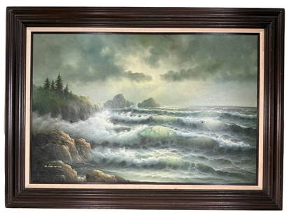 Stormy Shoreline - Seascape Oil Painting by Lipman: Dramatic and atmospheric, this original oil painting by M. Lipman captures the raw energy of crashing waves along a rocky coastline beneath a turbulent sky. Rendered with meticulous attention to detai