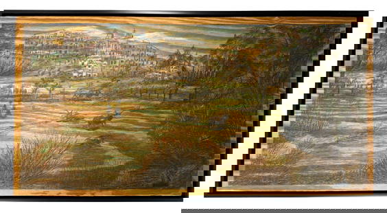David Davidovich Burliuk (Manner) Urban Landscape: Evocative and richly textured, this large-scale landscape painting on wood panel is executed in the manner of David Davidovich Burliuk. The composition features an expansive rural-urban setting with g