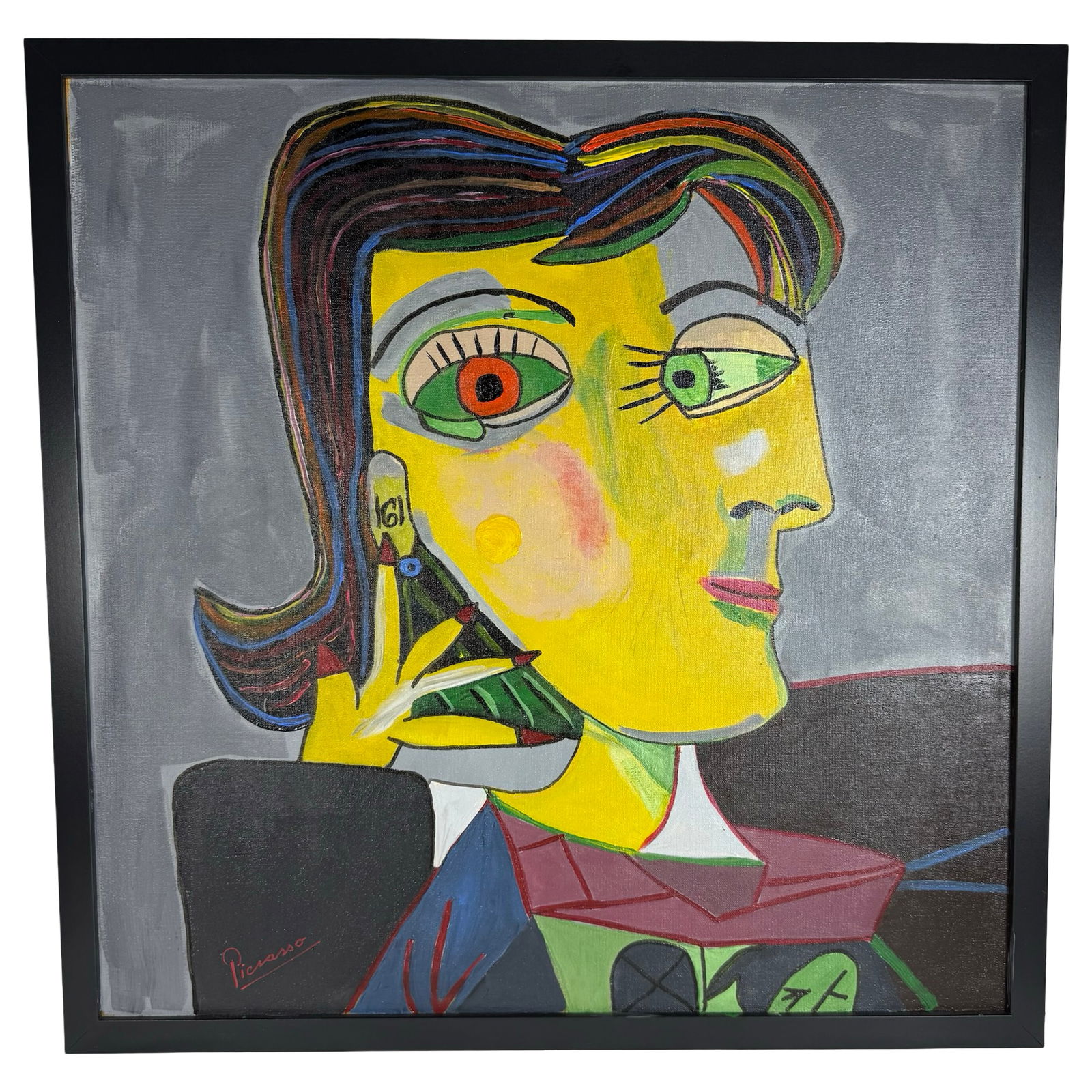 Pablo Picasso (Manner of) - Portrait of Dora Maar: Framed oil painting rendered in the distinctive style of Pablo Picasso, portraying his famous muse Dora Maar in a bold and angular Cubist composition. The artwork features vibrant, contrasting colors