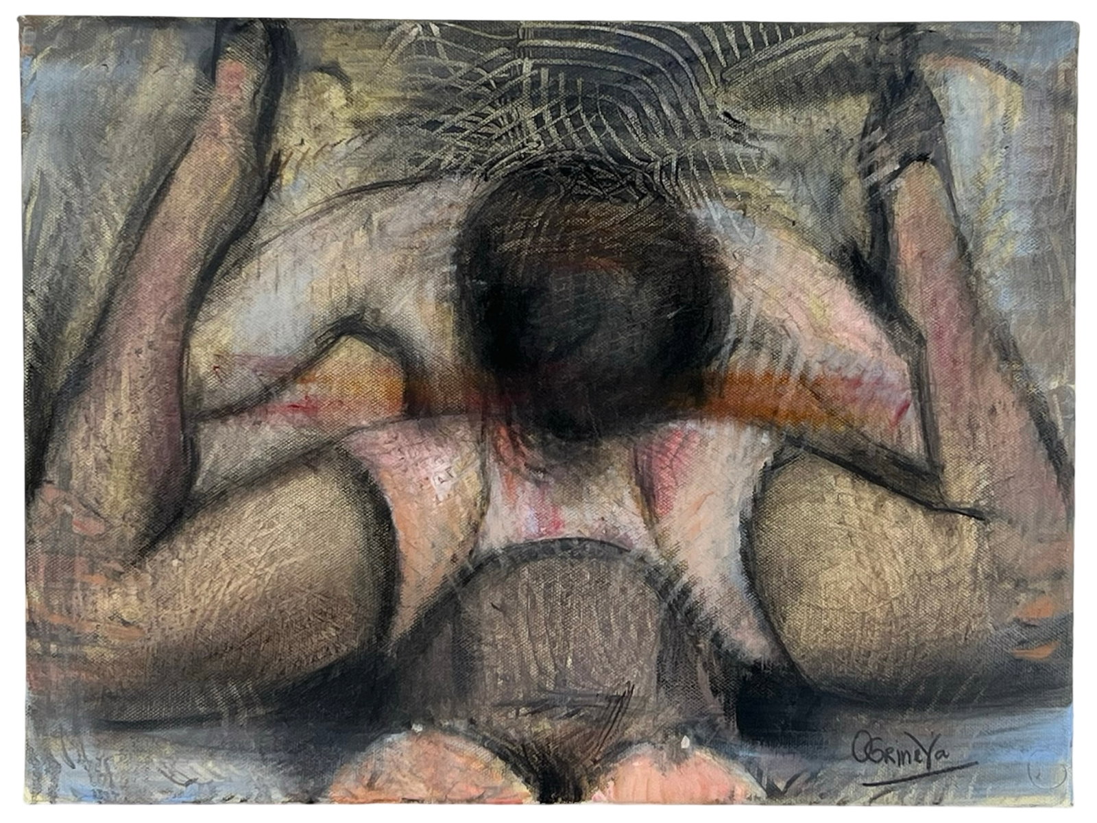 Oksana Grineva Erotic Expressionist Oil Painting: A bold and emotive original oil painting by contemporary Ukrainian artist Oksana Grineva, known for her deeply expressive and sensual compositions. This piece captures a figure in a moment of raw inti