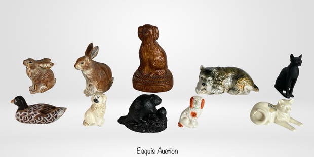 Assortment of Animal Figurines - Shafford, Lenox: Delightful collection of eleven animal figurines featuring a variety of styles and subjects. Includes a pair of stylized rabbits with woodgrain detailing, a "Brilliant Dog" figure, a Shafford "The Lov
