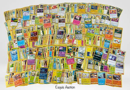 Large Lot of Unsearched Pokemon Trading Cards: Extensive collection of unsearched Pokemon trading cards, featuring a wide assortment of characters, types, and trainer cards. This lot includes hundreds of cards with a mix of common, uncommon, and p