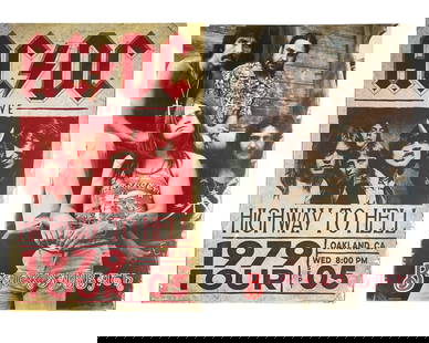 AC/DC and Black Sabbath Rock Poster Pair: Striking set of two later-issue rock posters featuring iconic imagery from two legendary bands. The first poster promotes AC/DC's 1979 Highway to Hell Tour stop in Oakland, California, showcasing the