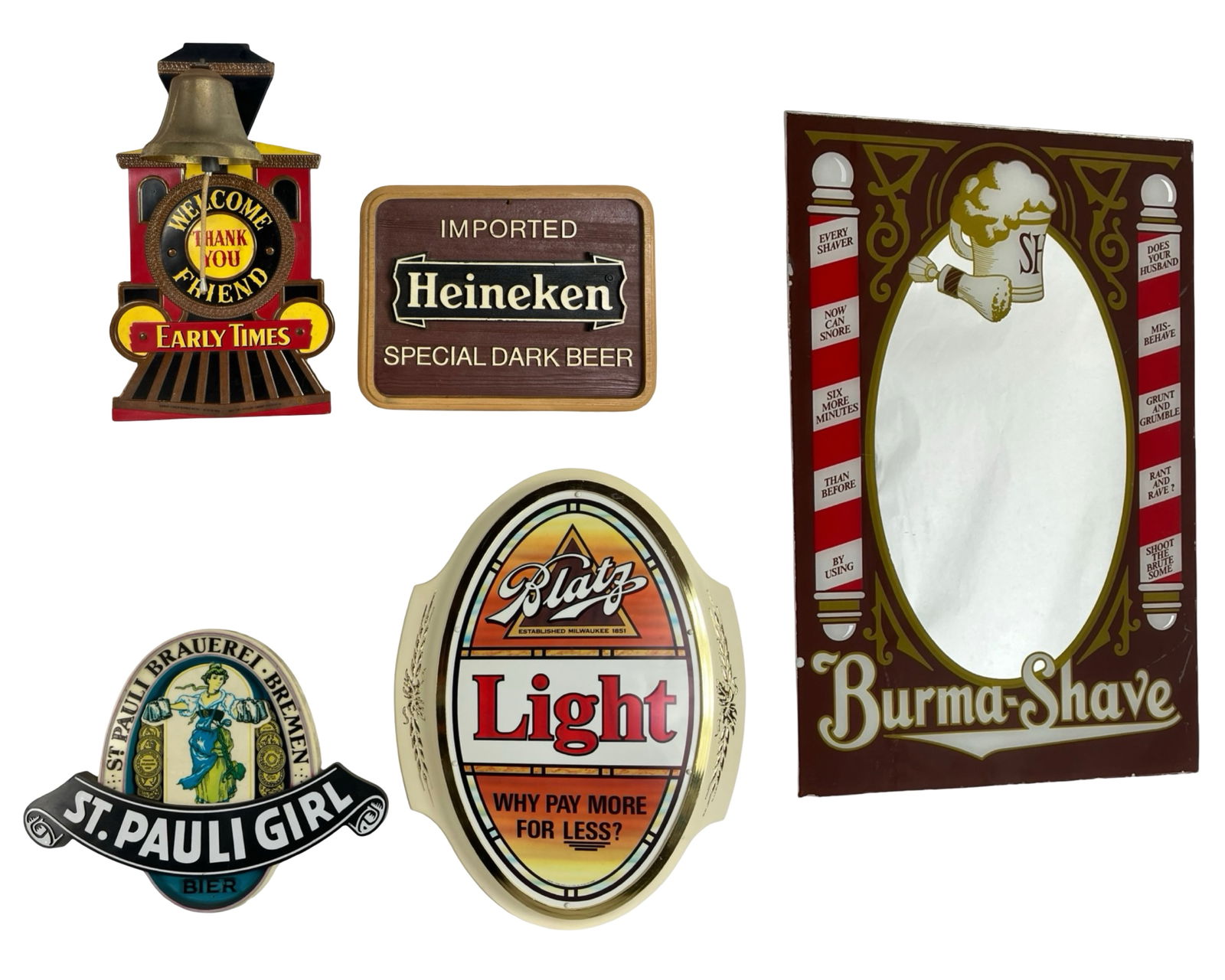 Collection of Vintage Bar Signs and Plaques: Assortment of five decorative beer and shaving-themed wall signs featuring nostalgic branding and slogans. Includes advertising plaques for Blatz Light, St. Pauli Girl Bier, Heineken Special Dark Beer