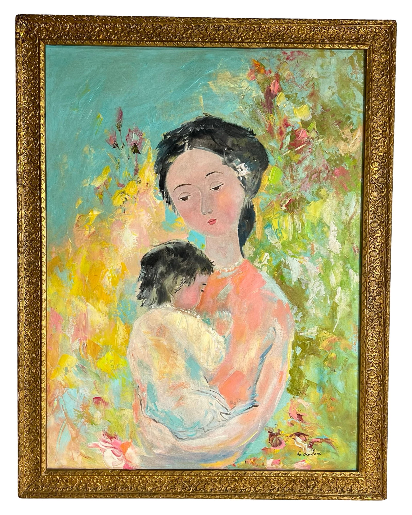 Vu Cao Dam (In Manner) - "Maternity" Oil Painting: Expressive and tender, this colorful oil painting titled Maternity captures the intimate bond between mother and child. Executed in the manner of Vu Cao Dam, the composition features a stylized female