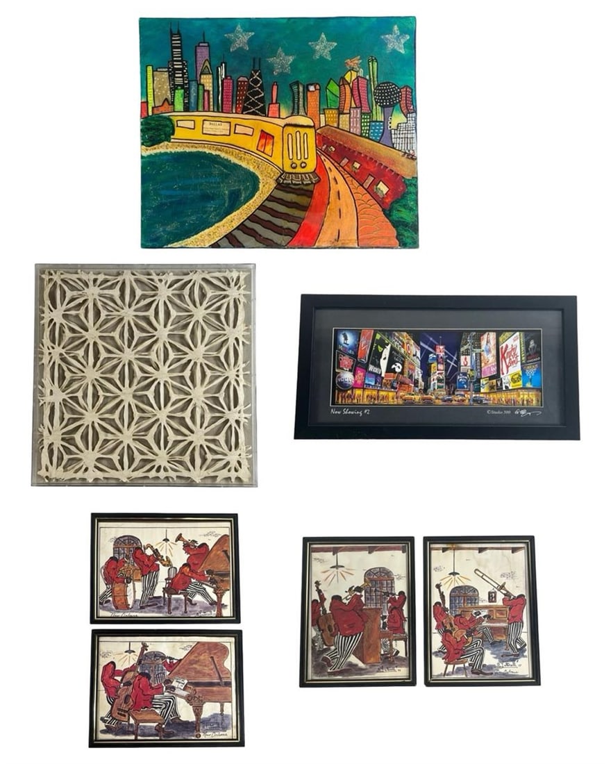 Lot of Framed Artworks: Diverse collection of framed wall art including a vibrant cityscape painting depicting the Chicago skyline with a yellow train curving along the waterfront, rendered in a playful, colorful style. Also