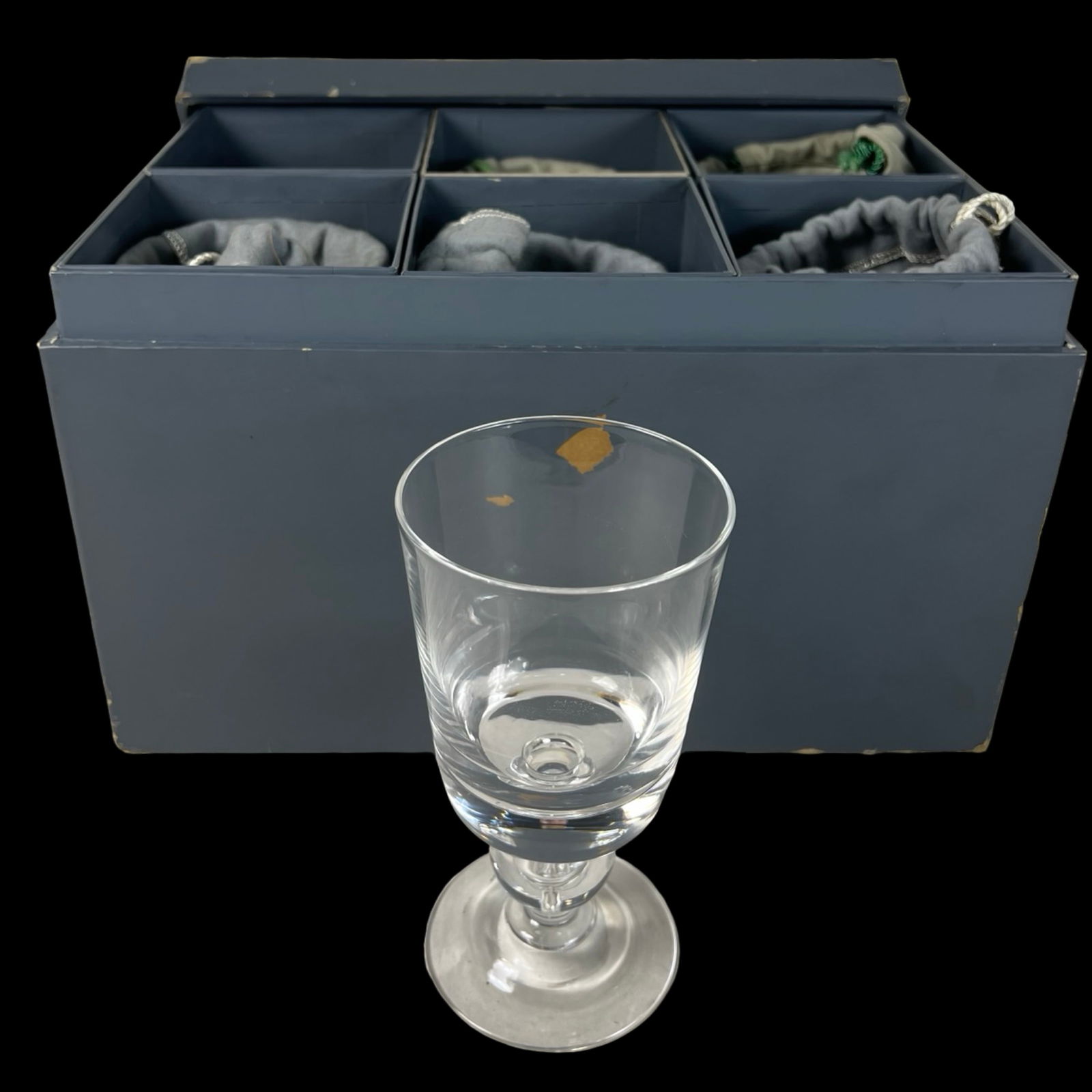 Steuben Crystal Teardrop Pattern Wine Glasses: Elegant set of five Steuben crystal wine glasses in the classic Teardrop pattern, each standing 7 inches tall. Crafted with exceptional clarity and balance, these glasses feature a sculpted teardrop s