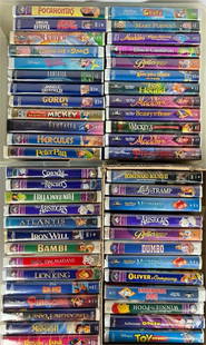 Large Collection of Disney VHS Tapes: A fantastic collection of Disney VHS tapes, featuring beloved classics like The Lion King, Aladdin, Beauty and the Beast, Pocahontas, The Little Mermaid, Pinocchio, Bambi, Peter Pan, Dumbo, 101 Dalmat
