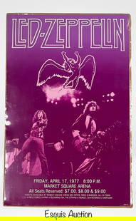 Led Zeppelin Market Square Arena Concert Poster 77: Original vintage concert poster promoting Led Zeppelin's live performance at Market Square Arena in Indianapolis, Indiana on Friday, April 17, 1977. Featuring bold purple tones, the poster displays th