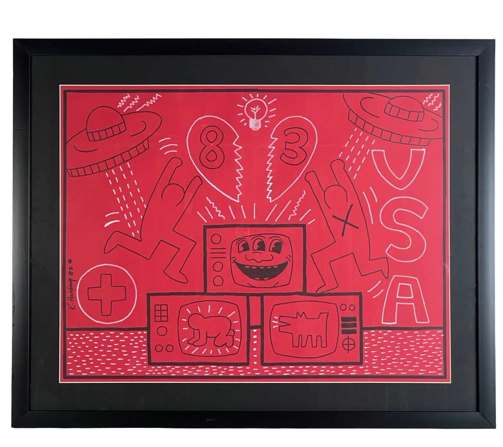 1983 Signed Pop Art Drawing with UFO & Television: Bold and dynamic pop art drawing signed and dated '83, featuring graphic black linework on a vivid red background. The composition includes UFOs beaming up figures, televisions displaying cartoon-like