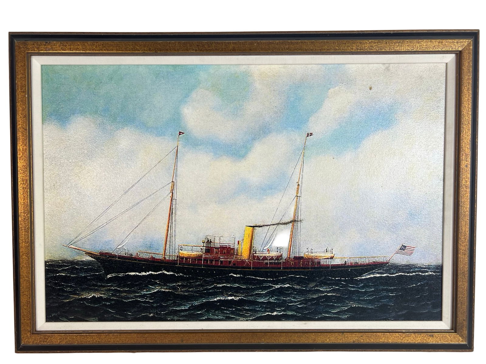 "Steamship Riviera" after Antonio Jacobsen- Giclee: This striking marine artwork depicts the steamship Riviera cutting through rolling waves beneath a luminous sky, rendered in meticulous detail and rich color. Presented as a high-quality giclée on ca