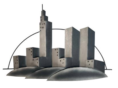 Curtis Jere NYC Skyline Metal Wall Sculpture: Striking large-scale wall sculpture of the New York City skyline by renowned American design house Curtis Jere, dated 1995. This architectural piece features a stylized arrangement of skyscrapers in m