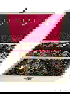 Vintage Jewelry Box Filled with Unsearched Jewelry: A charming vintage jewelry box featuring multiple compartments lined in rich red velvet, brimming with a variety of unsearched jewelry. This treasure trove includes an assortment of necklaces, earring