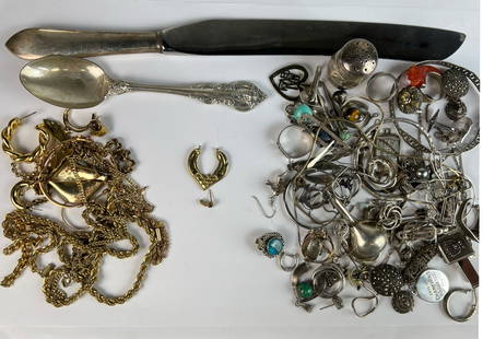 Lot of Gold, Sterling Silver & GF Scrap Jewelry: Group of mostly Sterling Silver Scrap Jewelry with Spoon and Knife, Two 14k Gold Pieces and Group of Mostly Gold Filled Scrap Jewelry. All are as found
