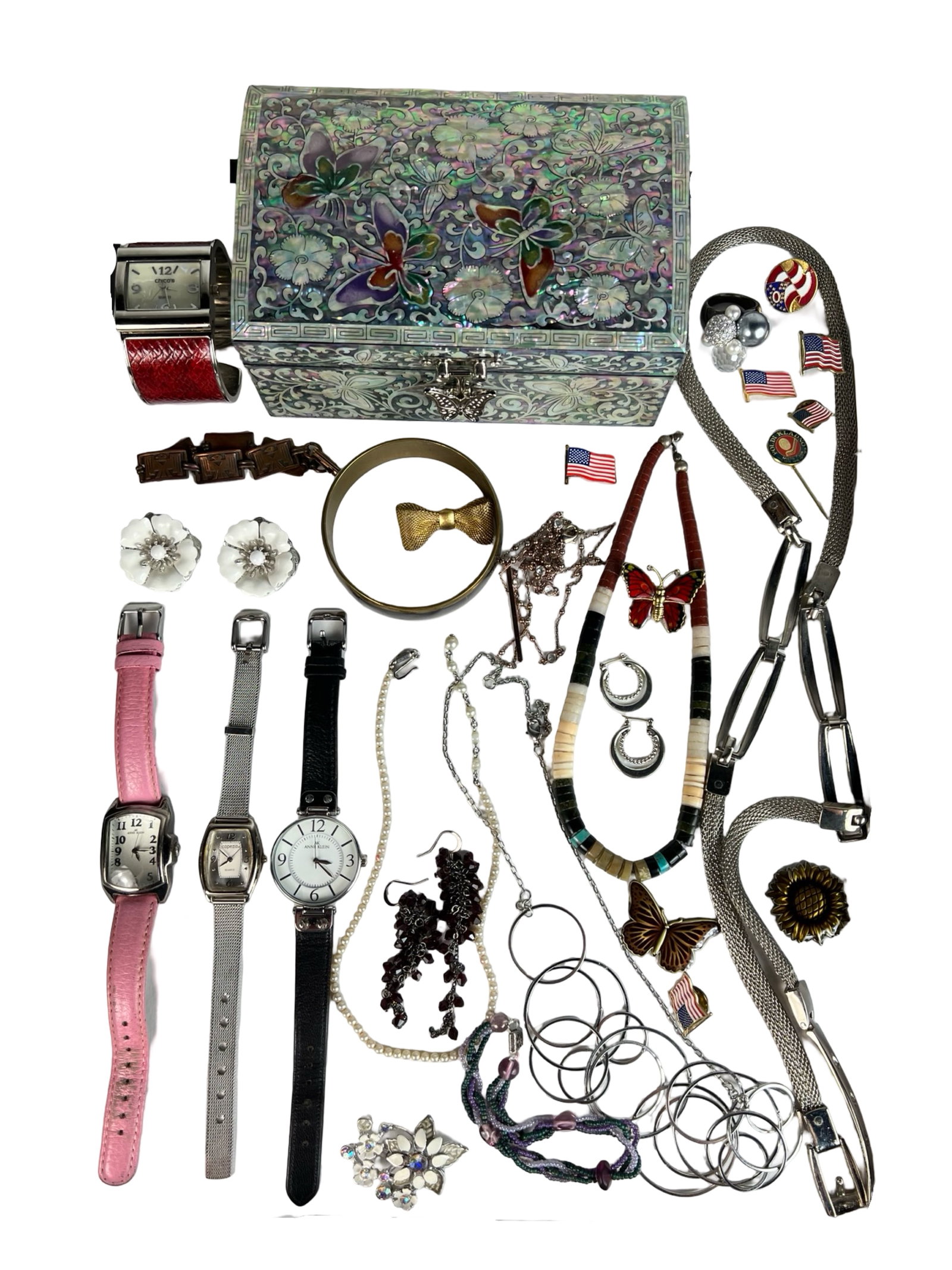Jewelry & Watches w/ Butterfly Inlay Jewelry Box: Group of Jewelry and Watches. Come in Butterfly Inlay Jewelry Box.