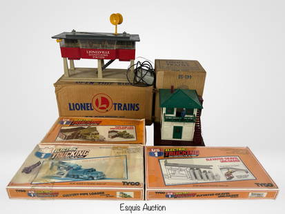 Vintage Lionel Train Accessories & Tyco US-1 Elec: Lot featuring two vintage Lionel train accessories and three Tyco US-1 Electric Trucking sets. Includes a Lionelville No. 465 Sound Dispatching Station with speaker and controller, and a No. 445 Opera