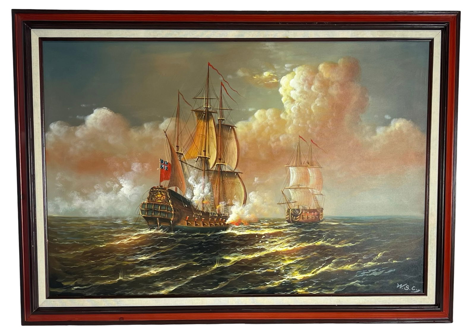 Seascape Battle Painting- Winston Churchill Manner: Dramatic oil painting on canvas depicting a naval engagement at sea, featuring tall ships under sail exchanging cannon fire against a backdrop of illuminated clouds and churning waters. The compositio