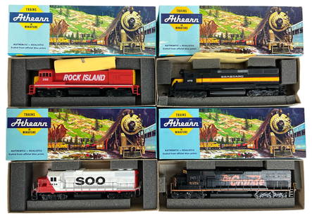 Athearn Trains in Miniature HO Scale Locomotives: Collection of four vintage Athearn HO scale diesel locomotives, each in its original box. This lot includes models marked: SD45 SAL #1170, SD40T-2 D&RGW #5378, U33B Rock Island #286, and GP38-2 SOO Li