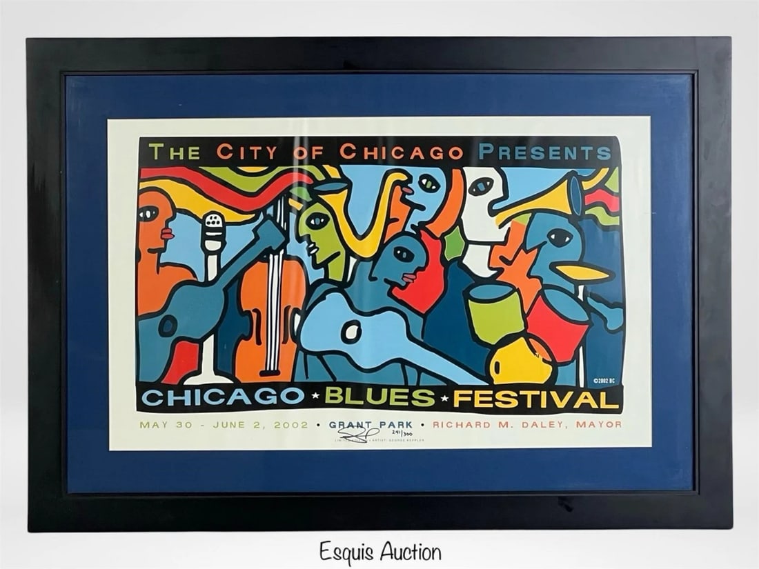George Keppler Chicago Blues Festival Signed Poste: Colorful limited edition poster for the 2002 Chicago Blues Festival held at Grant Park, designed by artist George Keppler. The vibrant composition features abstracted jazz and blues musicians in bold,