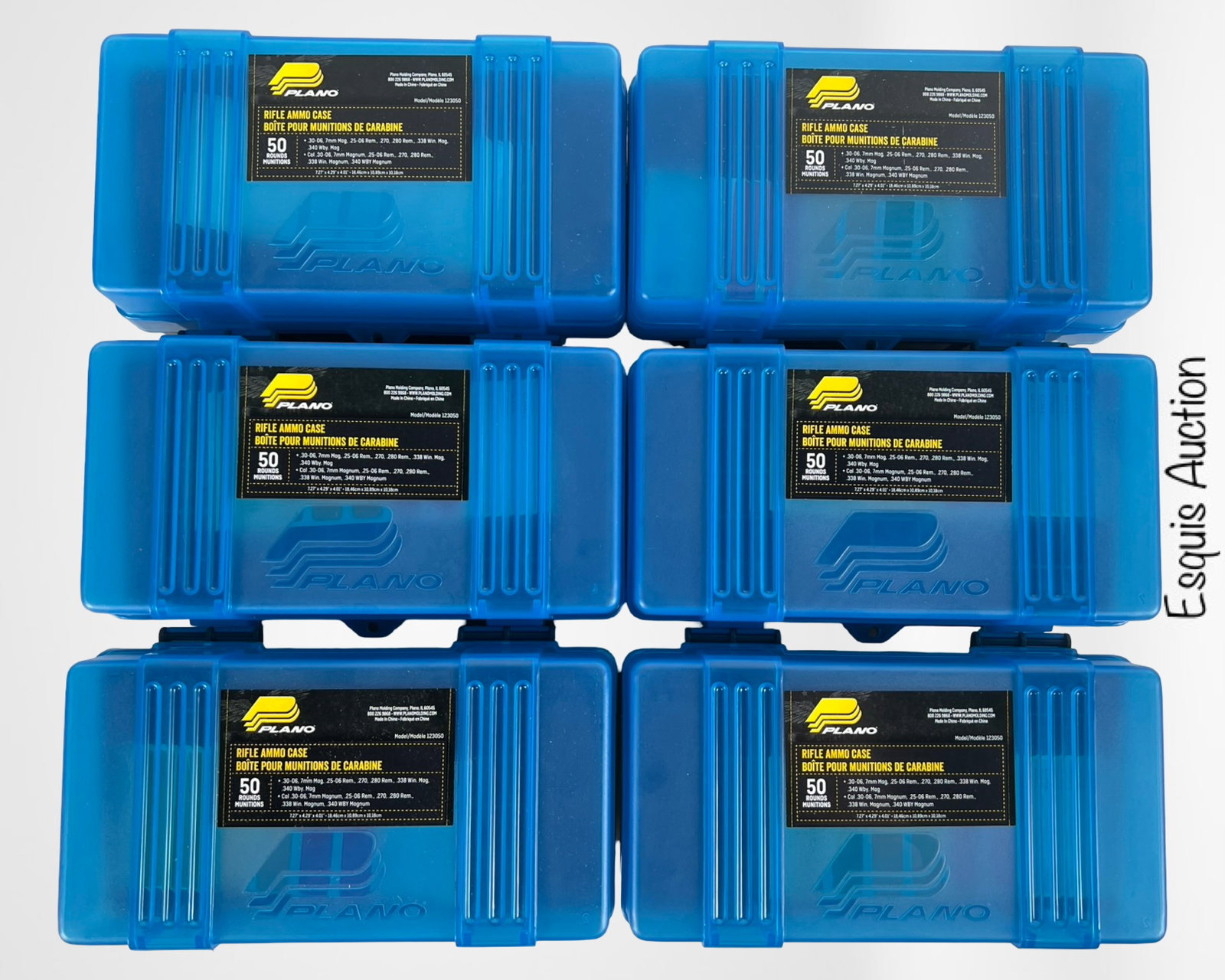 Lot of 6 Plano Flip-Top Large Rifle Ammo Cases: Set of six new Plano large rifle ammo cases, each with a 50-round capacity. Designed with durable flip-top lids and secure latches, these gray/blue cases are ideal for organized storage and easy trans