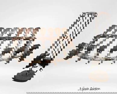 Wrought Iron Fireplace Grate & Forged Fire Tool S: Vintage wrought iron fireplace grate with a distinctive curved design, featuring sturdy iron bars with decorative curled ends. Accompanied by a hand-forged wrought iron fireplace tool set, including a