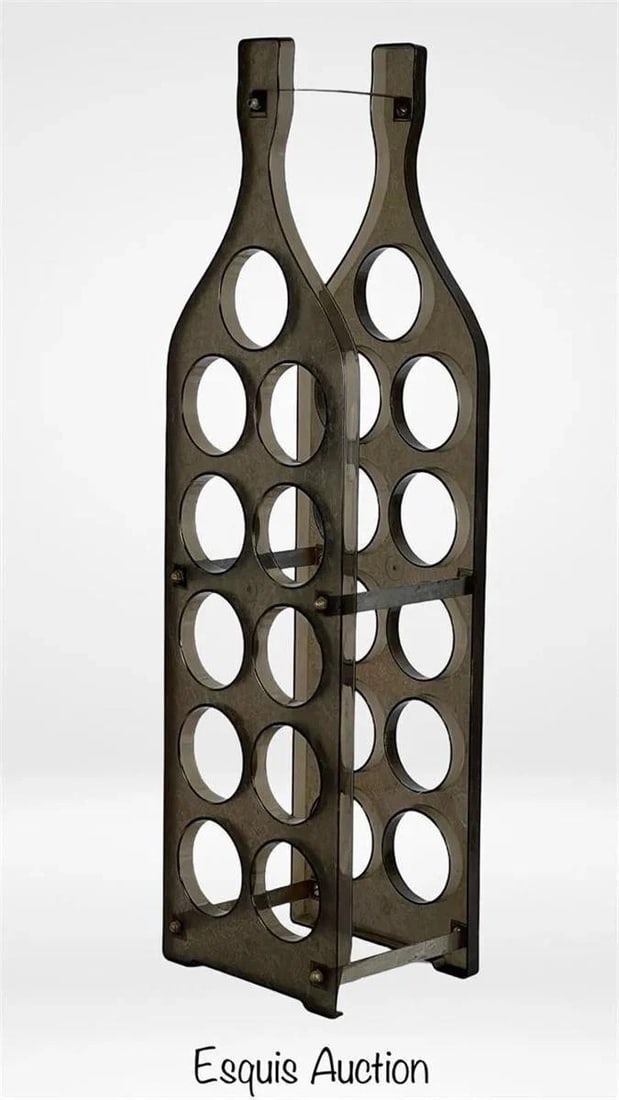 MCM Bottle-Shaped Acrylic Wine Rack: Sleek and sculptural MCM wine rack designed in the form of two oversized bottles, crafted from smoky dark acrylic with textured surface detailing. Holds up to 12 bottles, with metal cross supports and