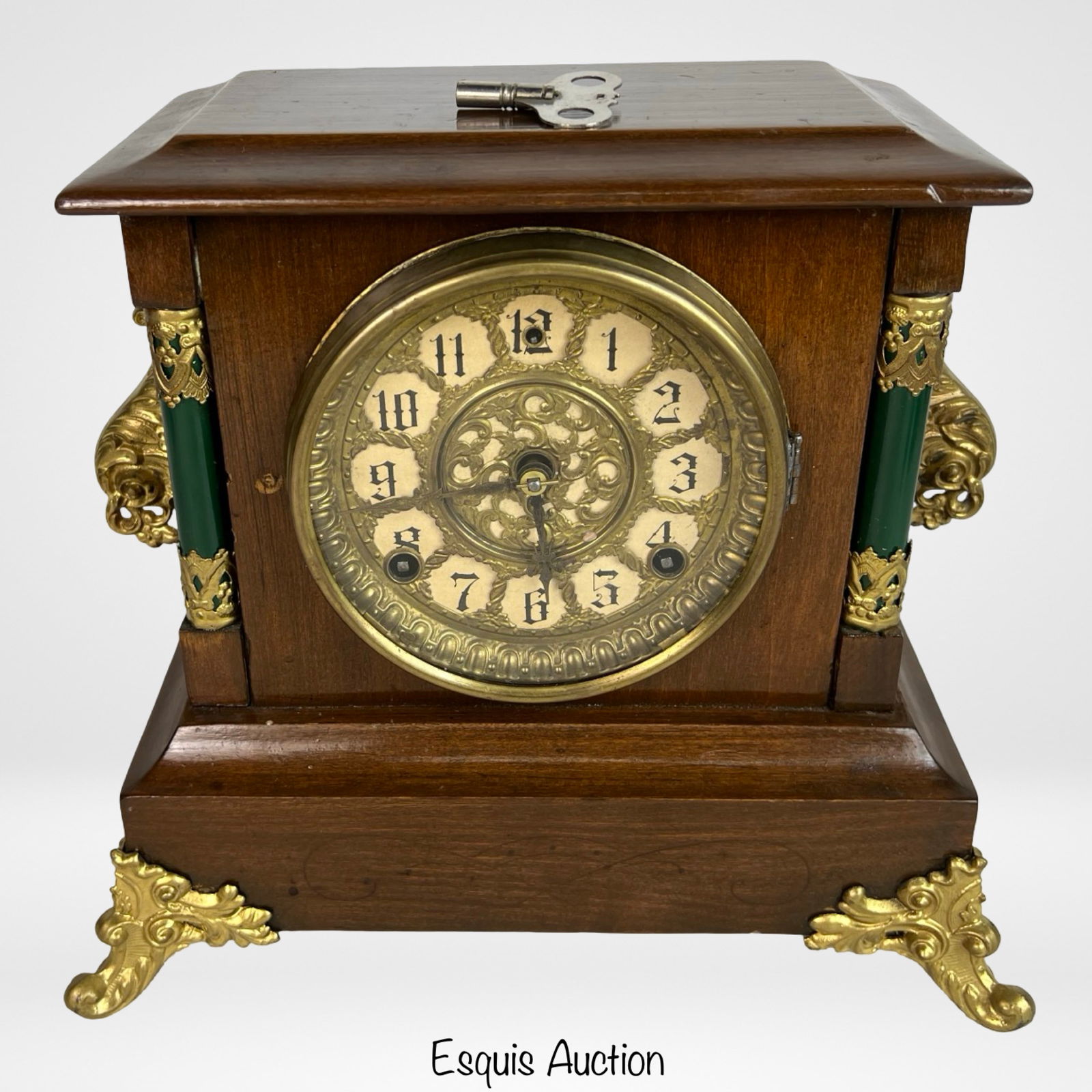 Antique Gilbert Mantel Clock- Ornate Brass Dial (1 of 6)