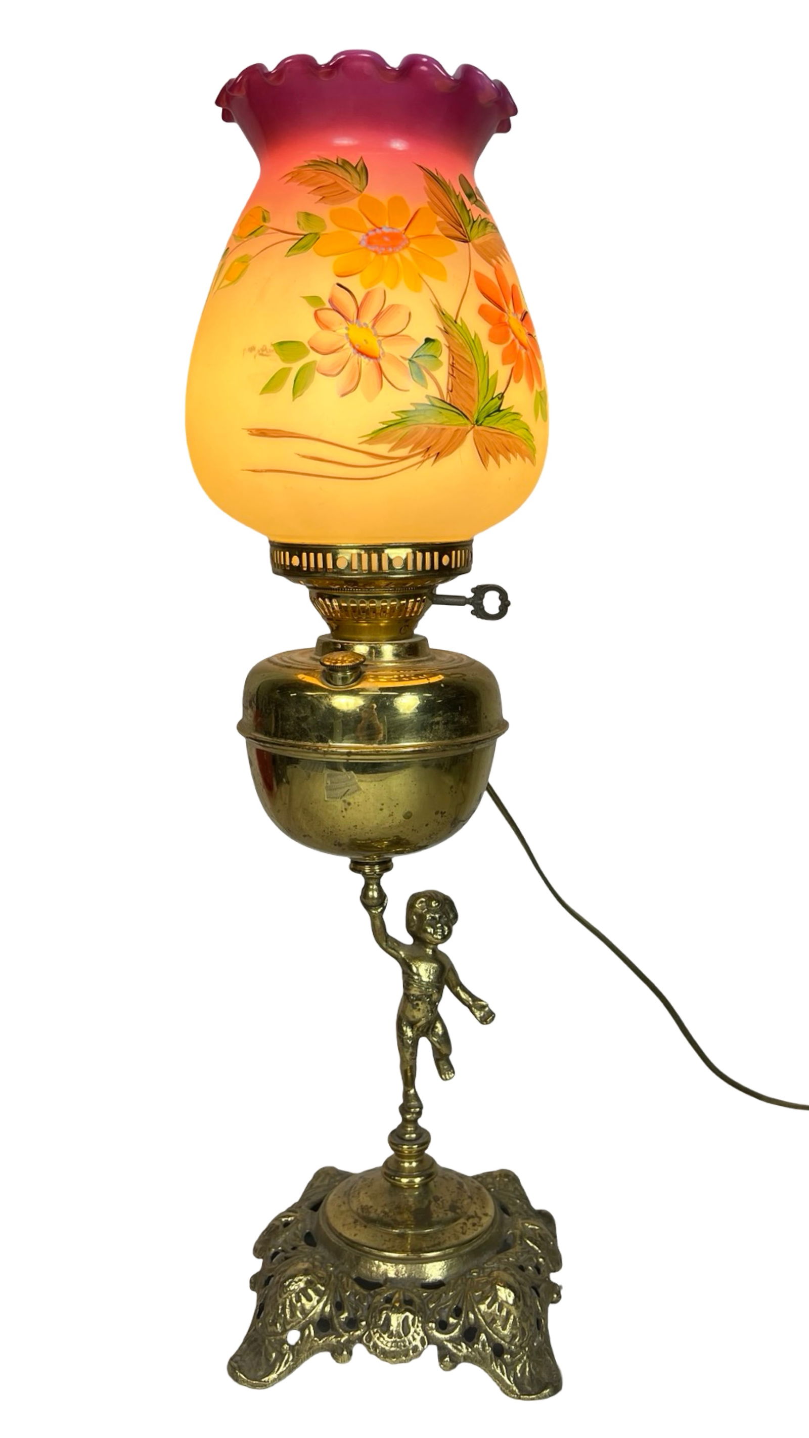 Victorian Cherub Brass Oil-Style Lamp Floral Shade (1 of 6)