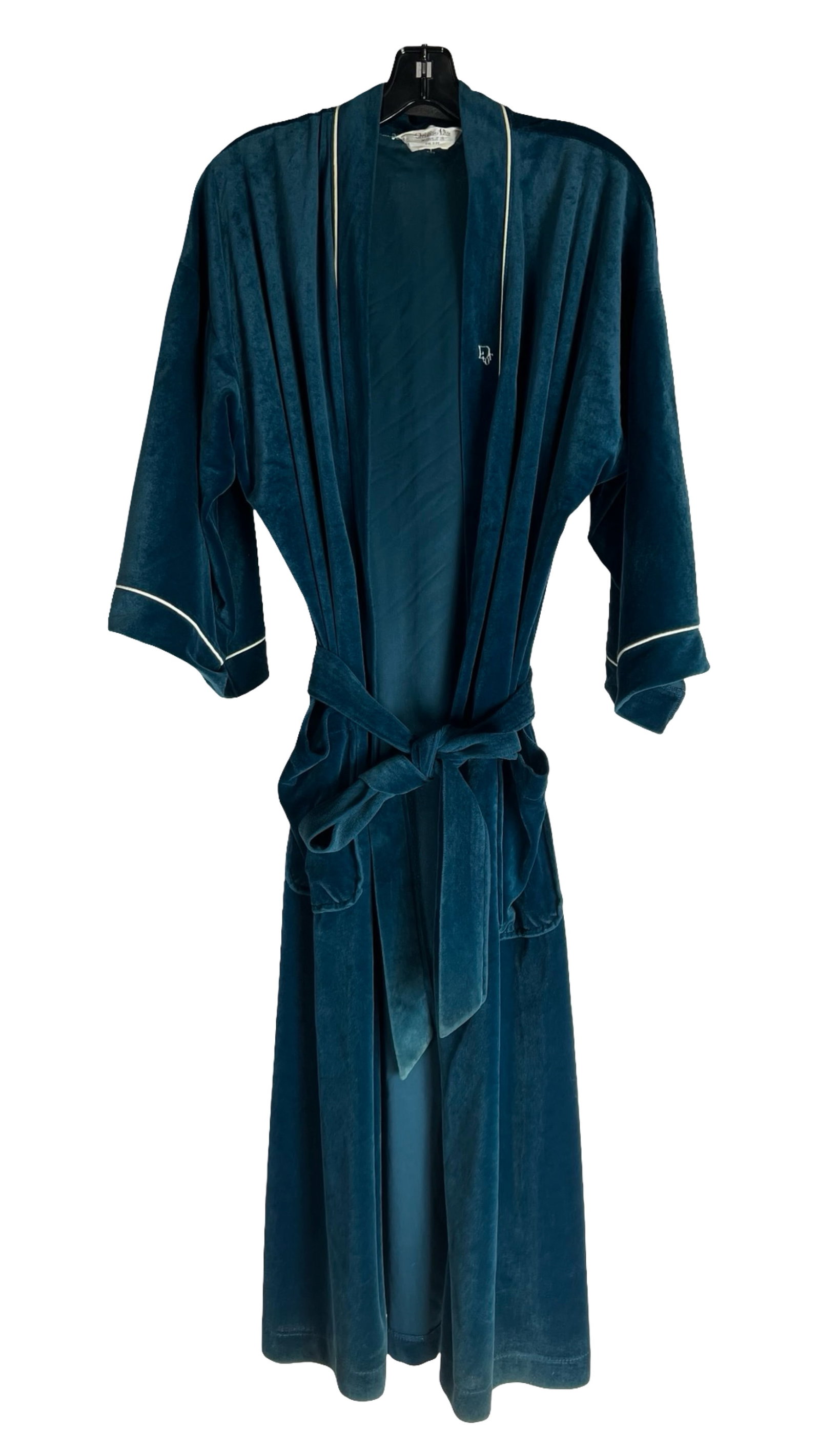 Vintage Christian Dior Monsieur Velvet Robe: Elegant vintage Christian Dior Monsieur robe crafted from plush teal blue velvet, accented with white contrast piping along the collar and cuffs. Features an embroidered "CD" monogram on the chest, a 
