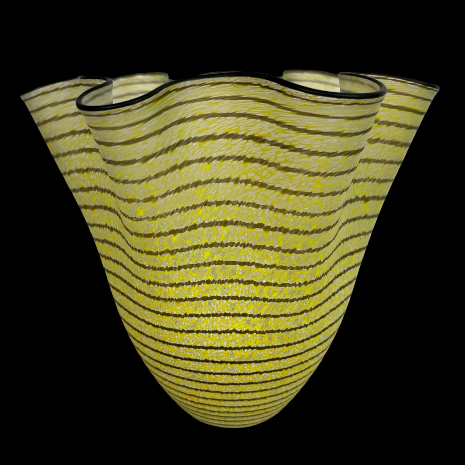 Kosta Boda by Ulrica Hydman-Vallien Art Glass Vase: Striking Kosta Boda art glass vase designed by renowned Swedish artist Ulrica Hydman-Vallien. The handblown piece features a vibrant yellow ground accented with horizontal black striping and an organi