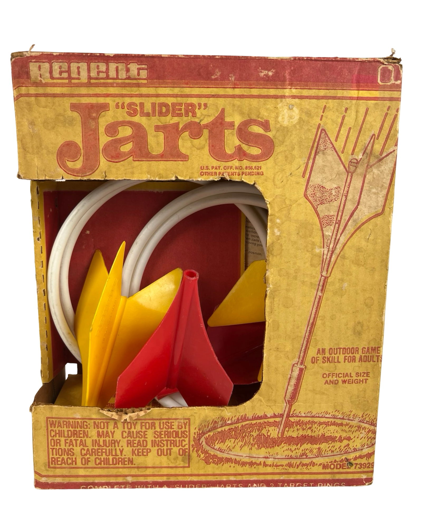 Vintage "Slider" Jarts Outdoor Lawn Darts Game: Vintage "Slider" Jarts Outdoor Lawn Darts Game with Original box. Please Note that Jarts in this set are missing metal Tips. Box shows some wear.
