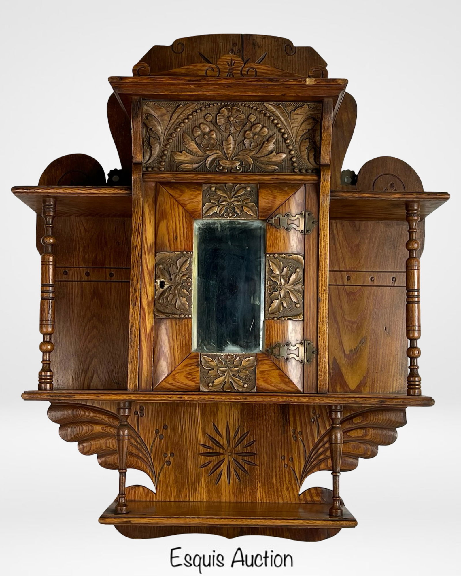 Antique Victorian Carved Oak Wall Cabinet Mirror (1 of 4)