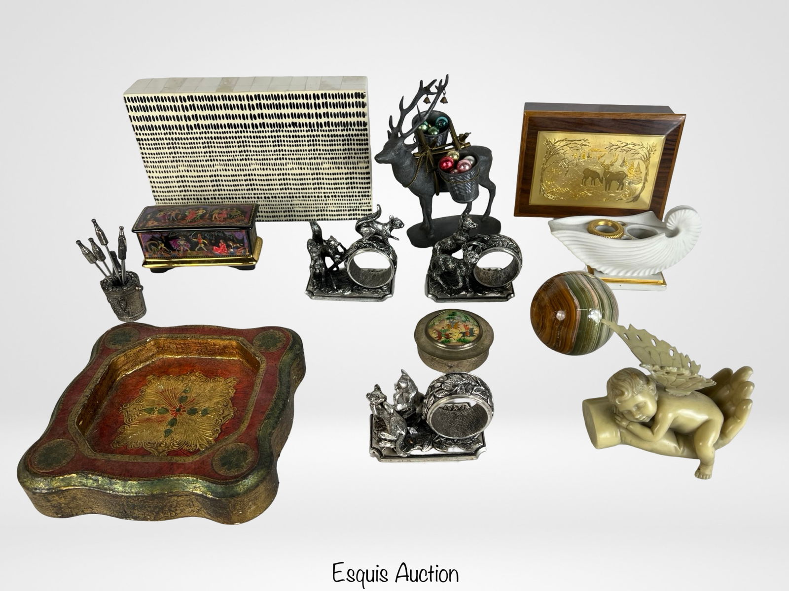 Collection of Vintage Decorative and Desk Accents: Eclectic grouping of decorative and desk collectibles, including Franklin Mint "Animals at Play" figural napkin ring holders featuring detailed woodland creatures, a vintage Florentine gilt and painte