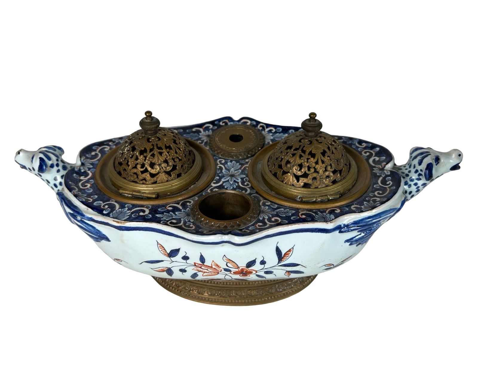 Antique French Faience Double Inkwell Brass Mounts (1 of 5)