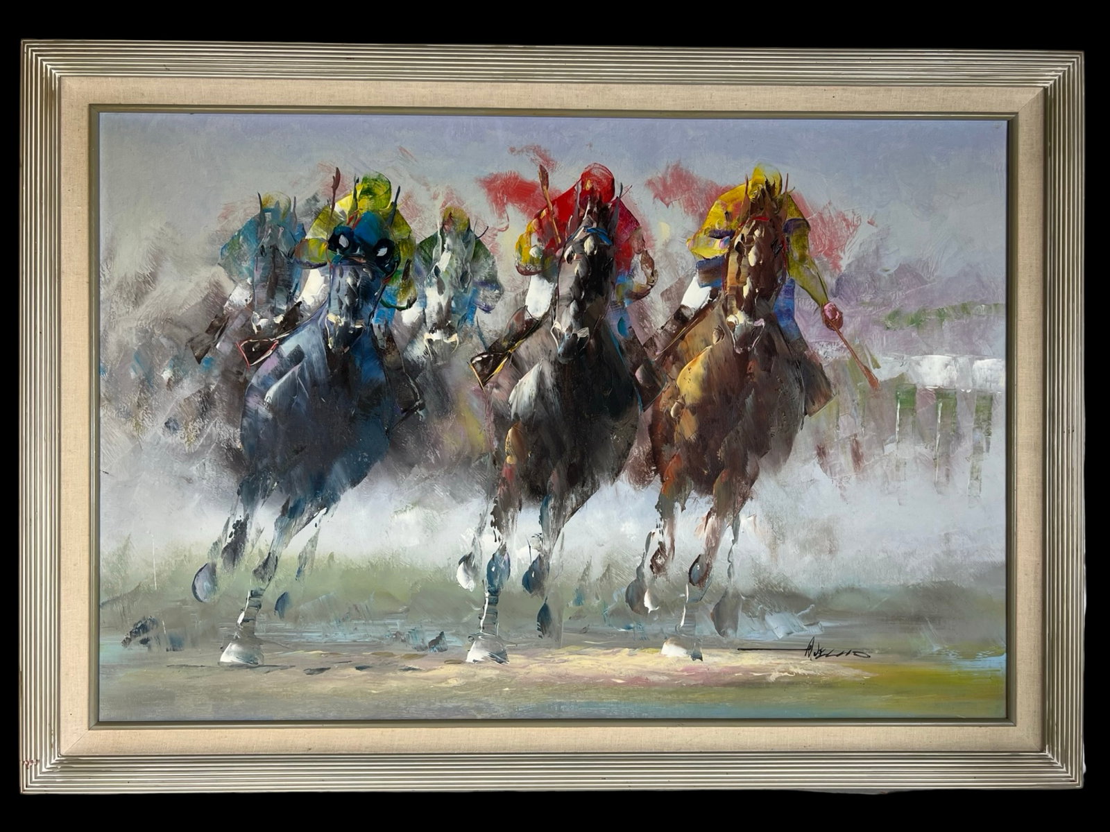 Anthony Vecchio- Dynamic Horse Racing Oil Painting: This powerful oil painting on canvas by Anthony Vecchio captures the energy and intensity of horse racing with bold, expressive brushwork. The impressionist-inspired style conveys speed, movement, and