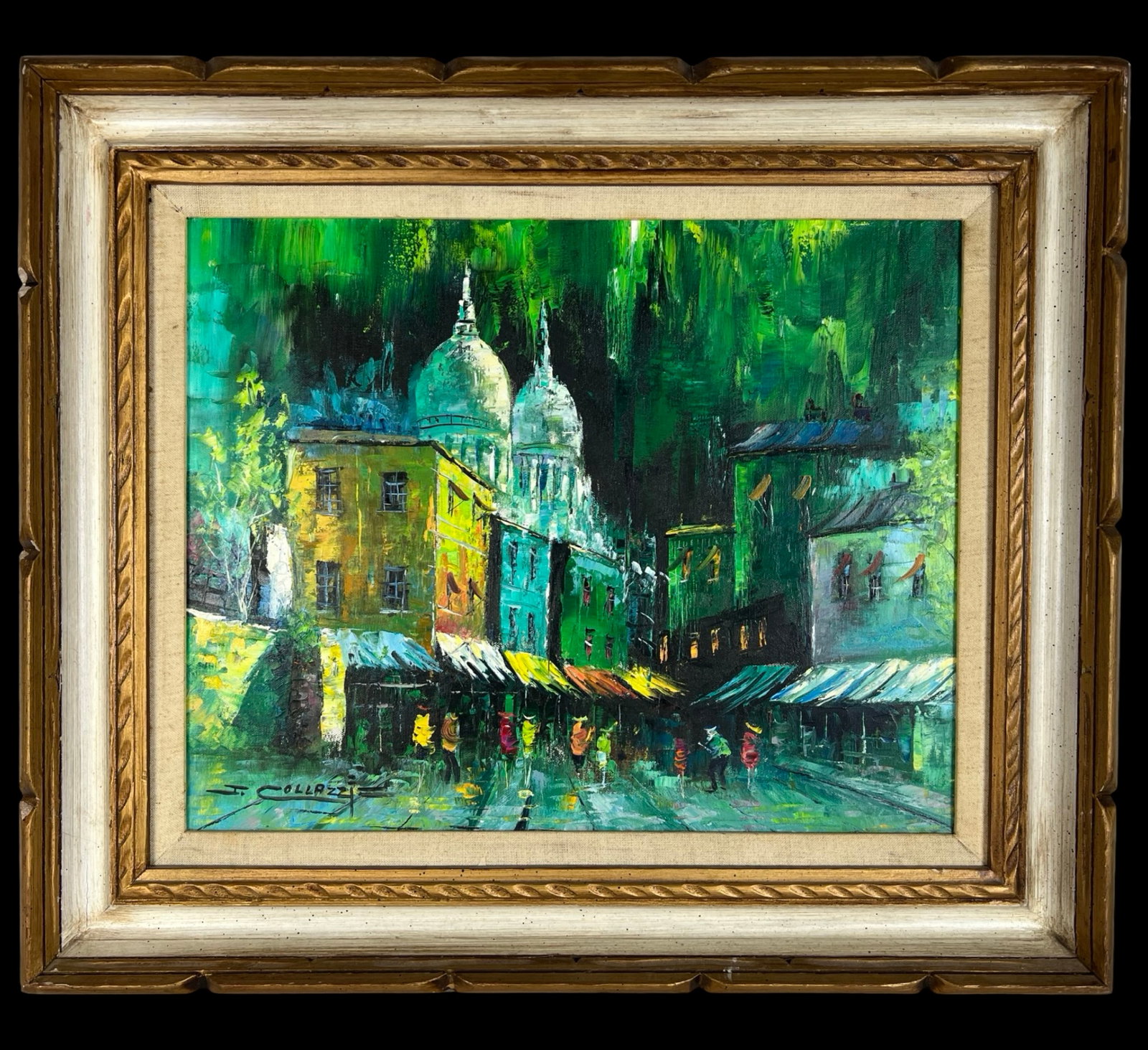 Joseph Collazzi- Parisian Street Oil Painting: This vibrant oil painting by Joseph Collazzi captures a lively Parisian street market, complete with colorful buildings, market awnings, and the distinctive silhouette of the Sacré-Cur Basilica risin