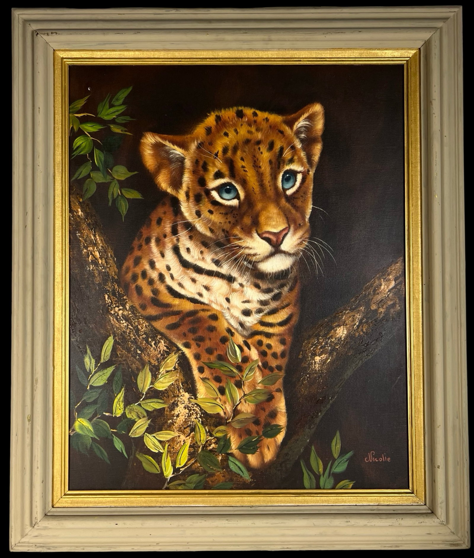 Leopard Cub Realistic Oil Painting by Nicolie: Striking oil painting depicting a young leopard cub with piercing blue eyes, captured in a highly realistic style. The cub is nestled within the branches of a tree, framed by rich foliage that enhance